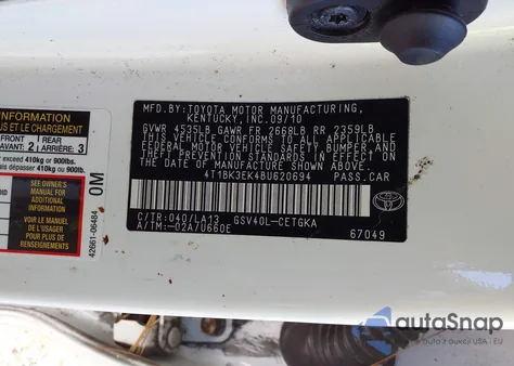 2011 Toyota Camry Xle V6 z USA, uszkodzony, nr VIN 4T1BK3EK4BU620694